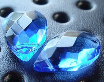 Glass Beads 18 X 12mm Brilliant Puffed Sapphire Blue Faceted Briolettes - 2 Pieces