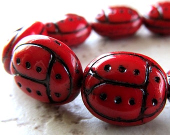 Czech Glass Beads 13 X 11mm Opaque Valentine Red and Black Designer Ladybugs - 8 Pieces