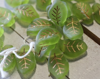 Czech Glass Beads 14 x 9mm Semi Translucent Matte Olive Green Leaves Etched In Gold Leaves  - 12 Pieces