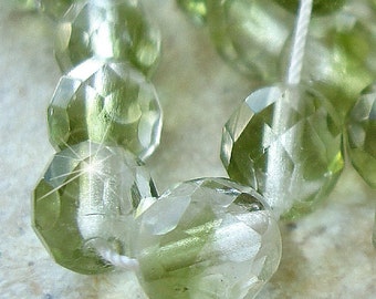 Czech Glass Beads 8mm Faceted Two Tone Crystal and Olive Green Rounds - 16 Pieces