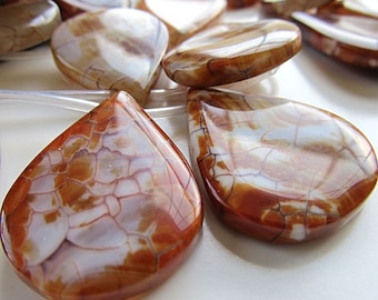 Crab Agate Focal Beads 40 x 30mm Big Smooth Ginger Brown Crab Teardrop - 4 Pieces