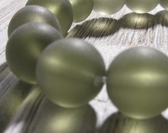 Sea Glass Beads 12mm Smooth Frosted Smoke Semi Transluscent Smooth Rounds - 10 Pieces