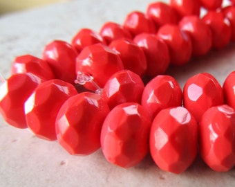Czech Glass Beads 9 x 5mm Opaque Coral Peach Faceted Rondelles - 12 Pieces