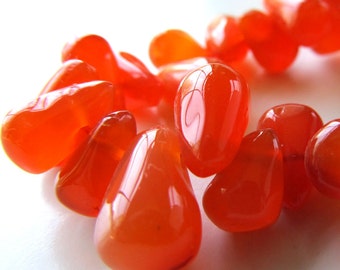 Chalcedony Beads 9 x 6mm Tangerine Orange Smooth Teardrops - 8 inch Strand