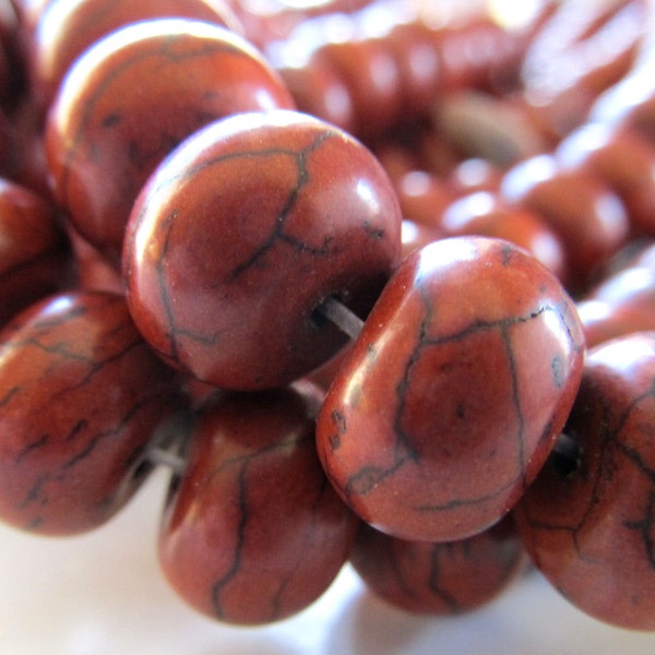 Magnesite Beads 12 x 8mm Veined Chocolate Brown Smooth Rondelles - 12 Pieces