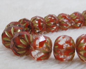 Designer Czech Glass Beads 9 X 6mm Orange and Clear background w/ Star Etched Gold Accents Rondelles - 12 Pieces