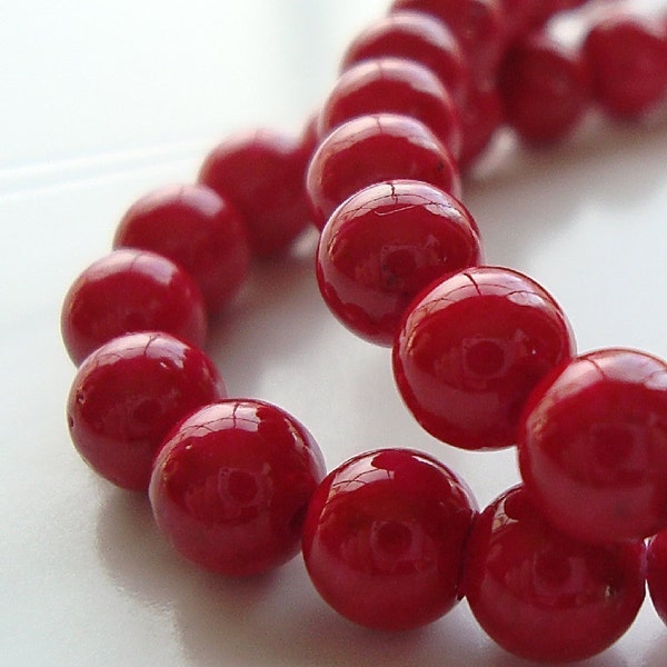 Fossil Beads 10mm Natural Tomato Red Smooth Round Stones - 12 Pieces