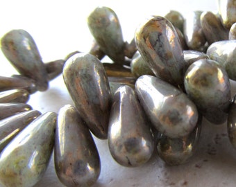 Czech Glass Beads 12 x 6mm Opaque Picasso Artichoke Green Teardrops - 25 Pieces