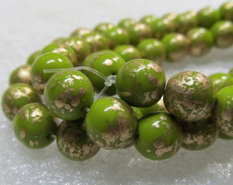 Czech Glass Beads 8mm Opaque Pistachio Green and Golden Highlights Smooth Rounds - 12 Pieces