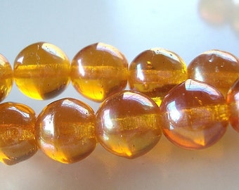 Glass Beads 8mm Iridescent AB Finish Golden Topaz Smooth Rounds - 10 Pieces