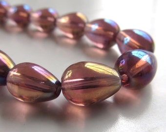 Czech Glass Beads 16 x 12mm Iris Purple Iridescent Rainbow AB Fat Teardrops - 4 Pieces