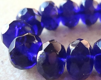 Czech Glass Beads 11 x 7mm Cobalt Blue Faceted Rondelles - 12 Pieces