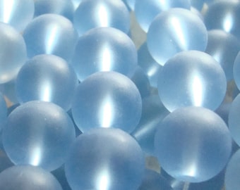 Sea Glass Beads 12mm Smooth Frosted Cornflower Blue Rounds - 10 Pieces