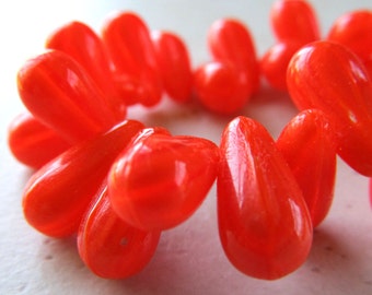 Czech Glass Beads 12 x 6mm Two Tone Neon Orange Opaque & Translucent Clear Teardrops - 25 Pieces