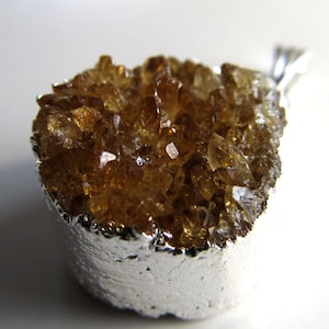 Citrine Druzy Pendant 35mm Honey Yellow Silver Dipped Pendant Quartz Specimen - 1 Piece