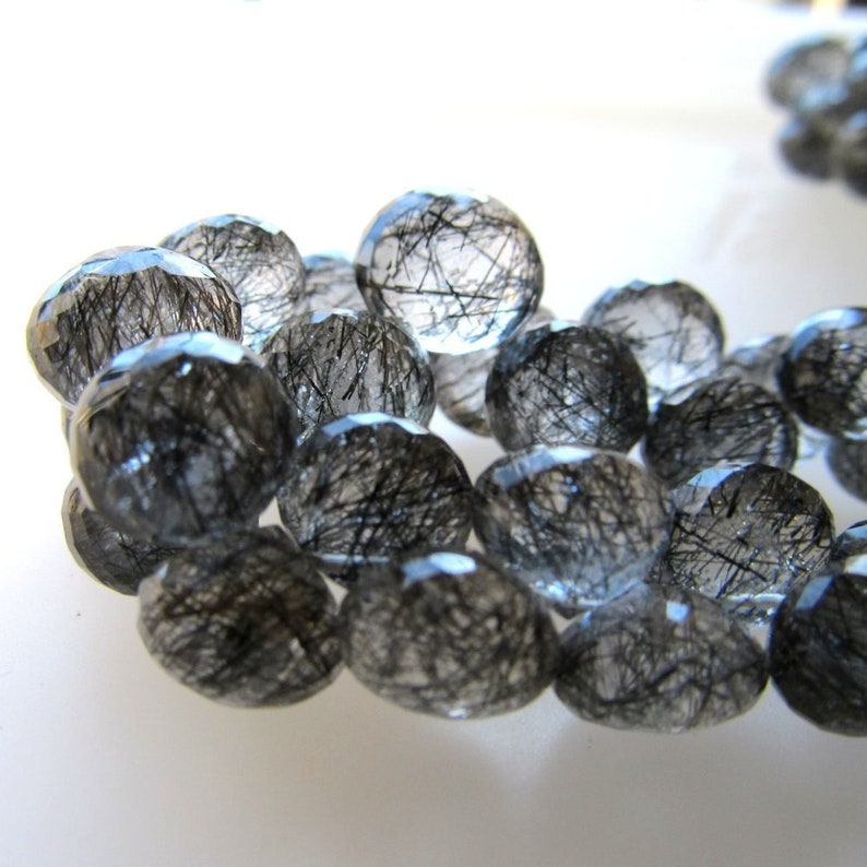 Black Tourmalinated Quartz Briolettes Micro Faceted Onion Briolette Beads Full Fat Drops Tourmaline Rutilated Quartz 12mm 2 inch Strand image 1