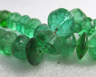 African Recycled Glass Beads 16 x 11mm Hand Faceted Bottle Green, Fair-Trade, Rondelles - 8 Pieces