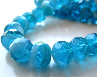 Czech Glass Beads 9 x 6mm Designer Molten Aqua Blue Faceted Rondelles - 8 Pieces