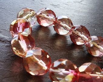 Czech Glass Beads 10mm Faceted 2 Tone Peach Pink Rounds - 12 Pieces