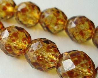 Czech Glass Beads 8mm Honey Tortoise Faceted Rounds - 8 Pieces