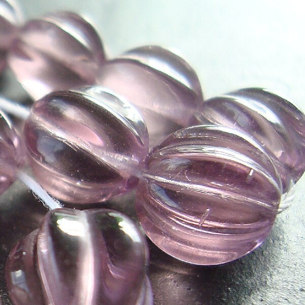Czech Glass Beads 10mm Lavender Purple Round Carved Melons - 12 Pieces
