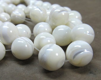 Mother of Pearl Beads 10mm Chatoyant Snow White MOP Smooth Rounds - 8 inch Strand