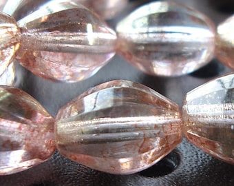 Czech Glass Beads 12 x 9mm Rose Pink Picasso Finish Faceted Oval - 8 Pieces