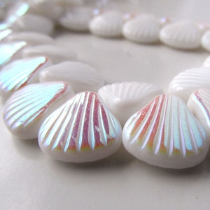 Czech Glass Beads 16mm Rainbow & Alabaster White Carved Sea Shells 4 Pieces image 4