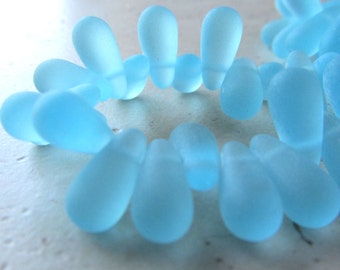 Czech Glass Beads 12 x 6mm Matte Frosted Aqua Blue Semi Translucent Teardrops - 50 Pieces