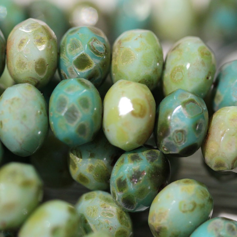 Czech Glass Beads 9 x 6mm Designer Multi Shades of Opaque Greens Dimpled With a Picasso Finish Faceted Rondelles 12 Pieces image 3