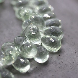Mint Green Amethyst / Prasiolite Faceted Full Teardrop Briolettes Spring Sage Green Teardrops Beads 15 X 10mm - 4 inch Strand