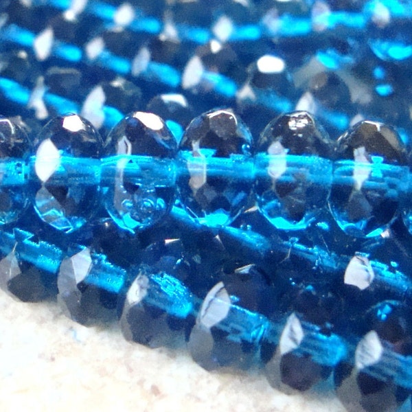 Czech Glass Beads 6 x 4mm Deep Aqua Blue Faceted Rondelles - 20 Pieces