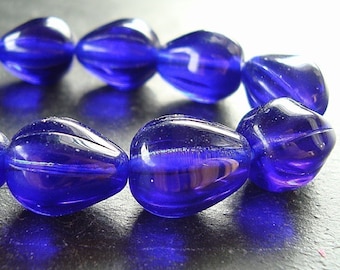 Czech Glass Beads 13 x 11mm Shiny Cobalt Blue Melon Drops - 12 Pieces