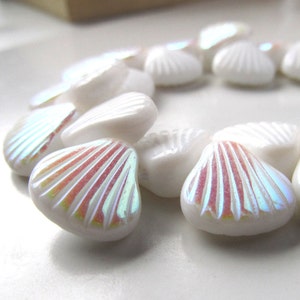 Czech Glass Beads 16mm Rainbow & Alabaster White Carved Sea Shells 4 Pieces image 1