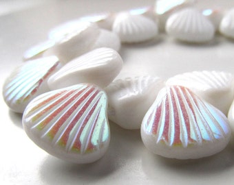 Czech Glass Beads 16mm Rainbow & Alabaster White Carved Sea Shells - 4 Pieces