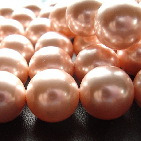 Shell Pearl Beads 10mm Lustrous Peach Pink Smooth Rounds  - 10 Pieces