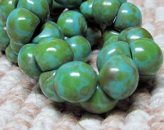 Czech Glass Beads 9 X 8mm Smooth Shiny Mint Green Speckled with Olive Accents Buttons - 30 Pieces