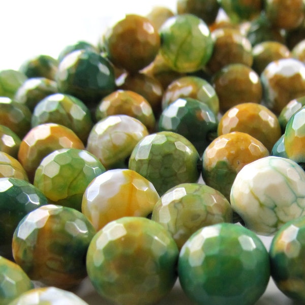 Agate Beads 10mm Fern Green, Creams & Golden Mustard Faceted Fire Crackle Agate Rounds - 8 inch Strand