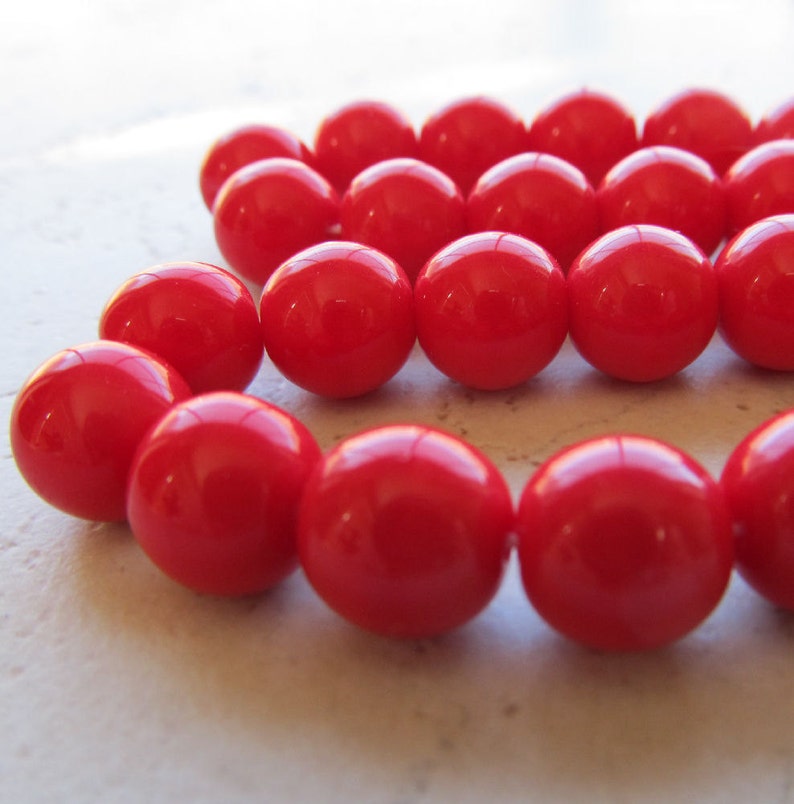 Czech Glass Beads 8mm Sparkling Smooth Opaque Scarlet Red Rounds 12 Pieces image 1