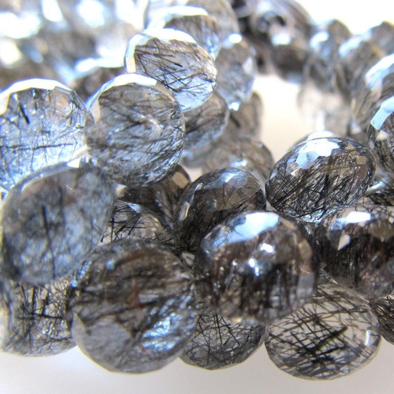 Black Tourmalinated Quartz Briolettes Micro Faceted Onion Briolette Beads Full Fat Drops Tourmaline Rutilated Quartz 12mm 2 inch Strand image 5