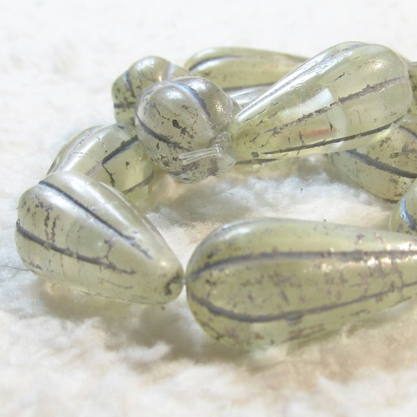 Designer Glass Beads 22 x 11mm  Ivory Cream/Cloudy Washed in Mercury Gray Melon Drops - 4 Pieces