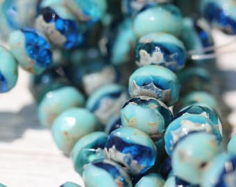 Czech Glass Beads 8 x 6mm Designer Semi Transluscent Royal Blue, Solid Aqua Washed With Rust Accents Faceted Rondelles - 12 Pieces