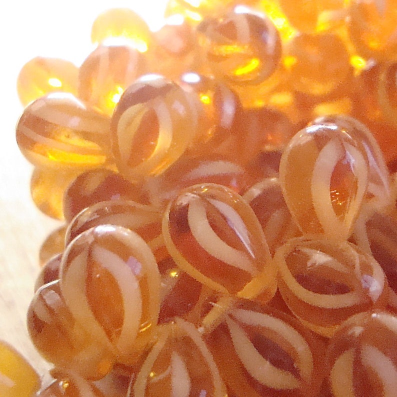 Czech Glass Beads 9 x 6mm Pinstriped Golden Topaz and White Teardrops 30 Pieces image 1