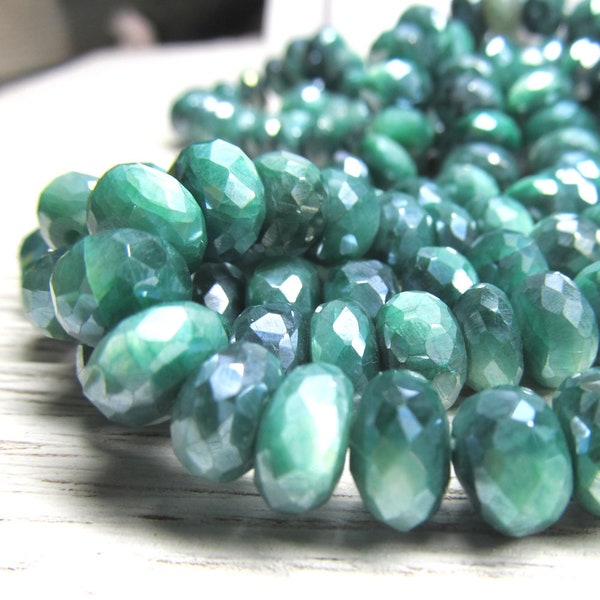 Emerald Green Moonstone Rondelle Beads 9 x 5mm Iridescent Faceted Coated W/ a Permanent AB Sheen - 20 Pieces