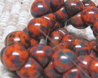 Czech Glass Beads 9 X 8mm Smooth shiny Gray Accented Burnt Orange Buttons - 30 Pieces