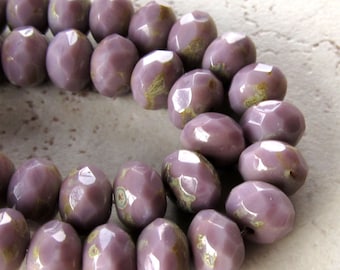 Czech Glass Beads 9 x 5mm Opaque Lilac Purple w/ Ivy Green Accents Faceted Rondelles - 12 Pieces