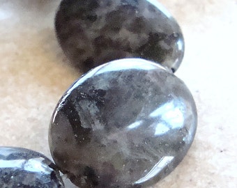 Larvikite Beads 20 x 16mm Black Labradorite Smooth Ovals - 6 Pieces