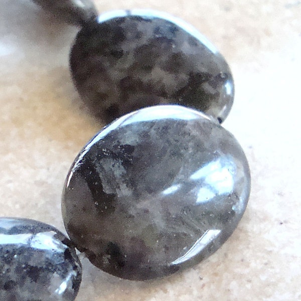 Larvikite Beads 20 x 16mm Black Labradorite Smooth Ovals - 6 Pieces