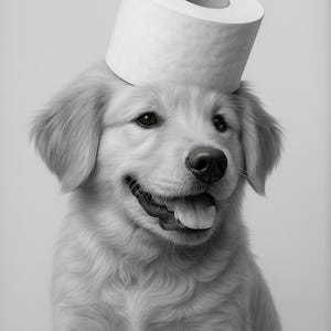 May include: A grayscale image of a smiling golden retriever dog wearing a roll of white toilet paper on its head. The dog has a happy expression with its tongue out. The background is a plain, light gray.