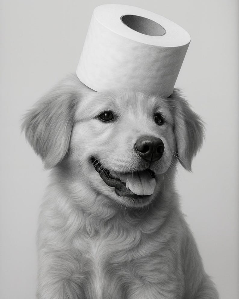 May include: A grayscale image of a smiling golden retriever dog wearing a roll of white toilet paper on its head. The dog has a happy expression with its tongue out. The background is a plain, light gray.